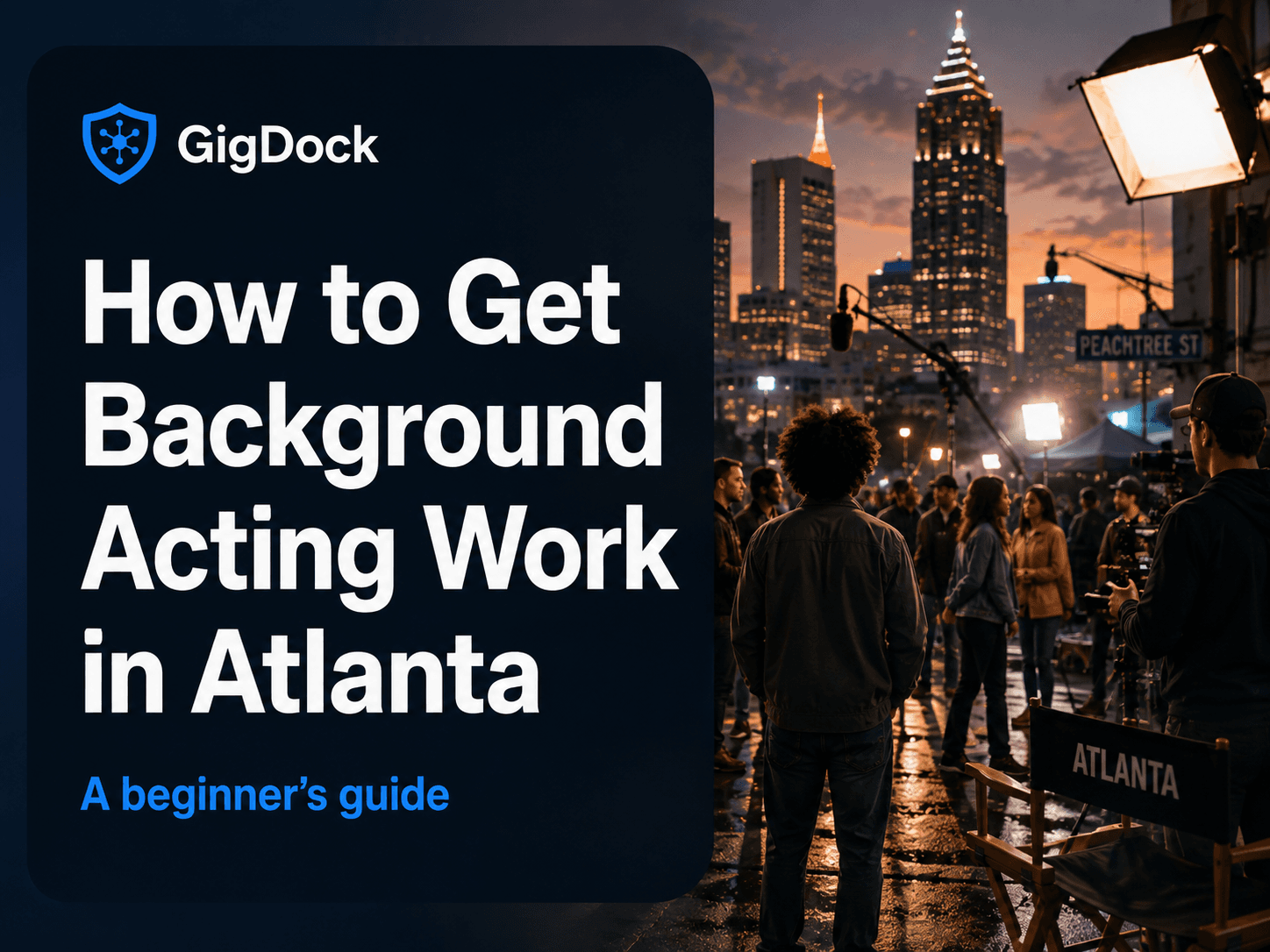 How to Get Background Acting Work in Atlanta — a background actor on a film set at dusk with the Atlanta skyline, from GigDock.