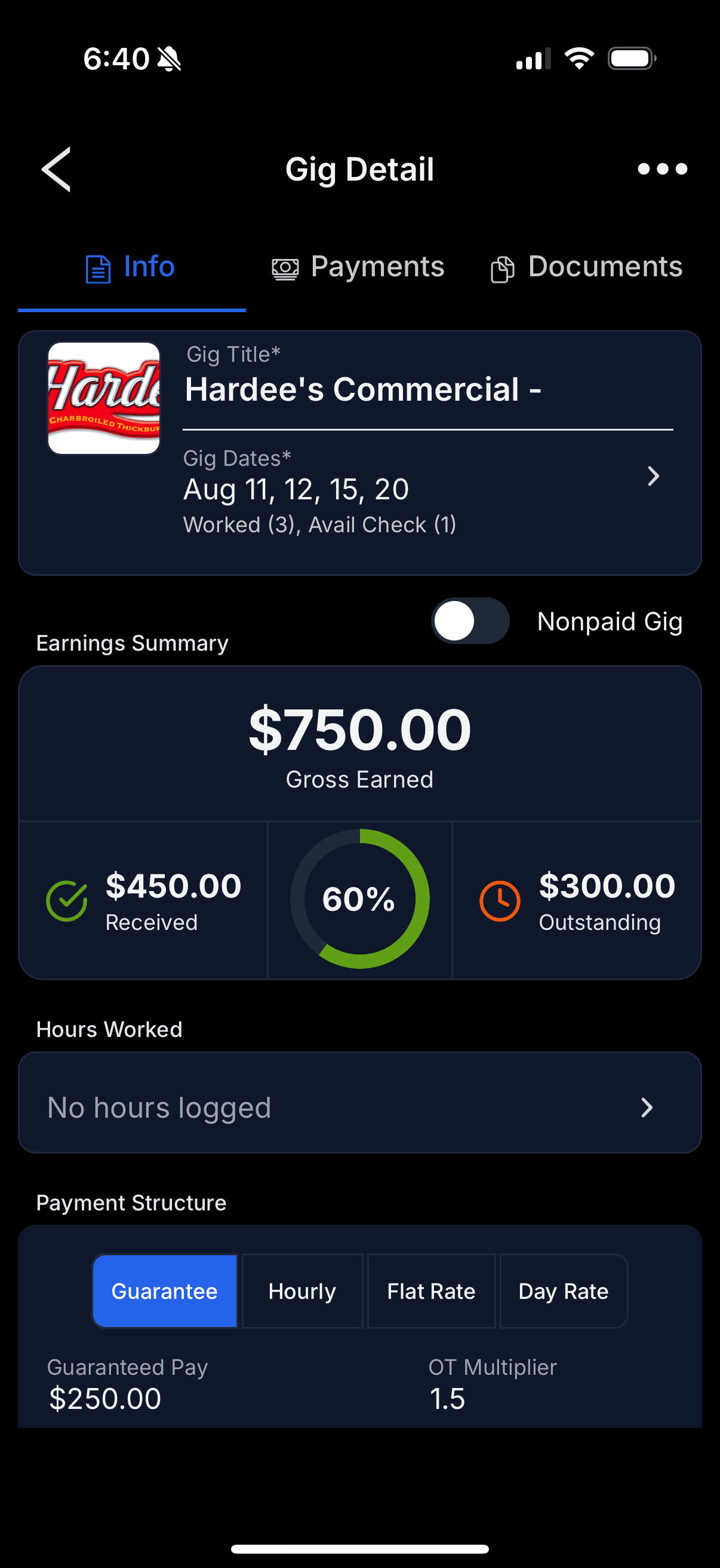 The GigDock app's gig detail showing the payment structure and earnings for a gig