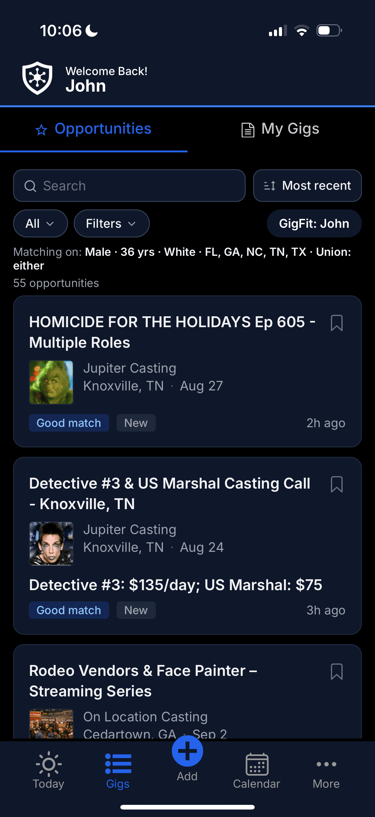 The GigDock opportunities feed — search, filters and GigFit matching across 55 opportunities