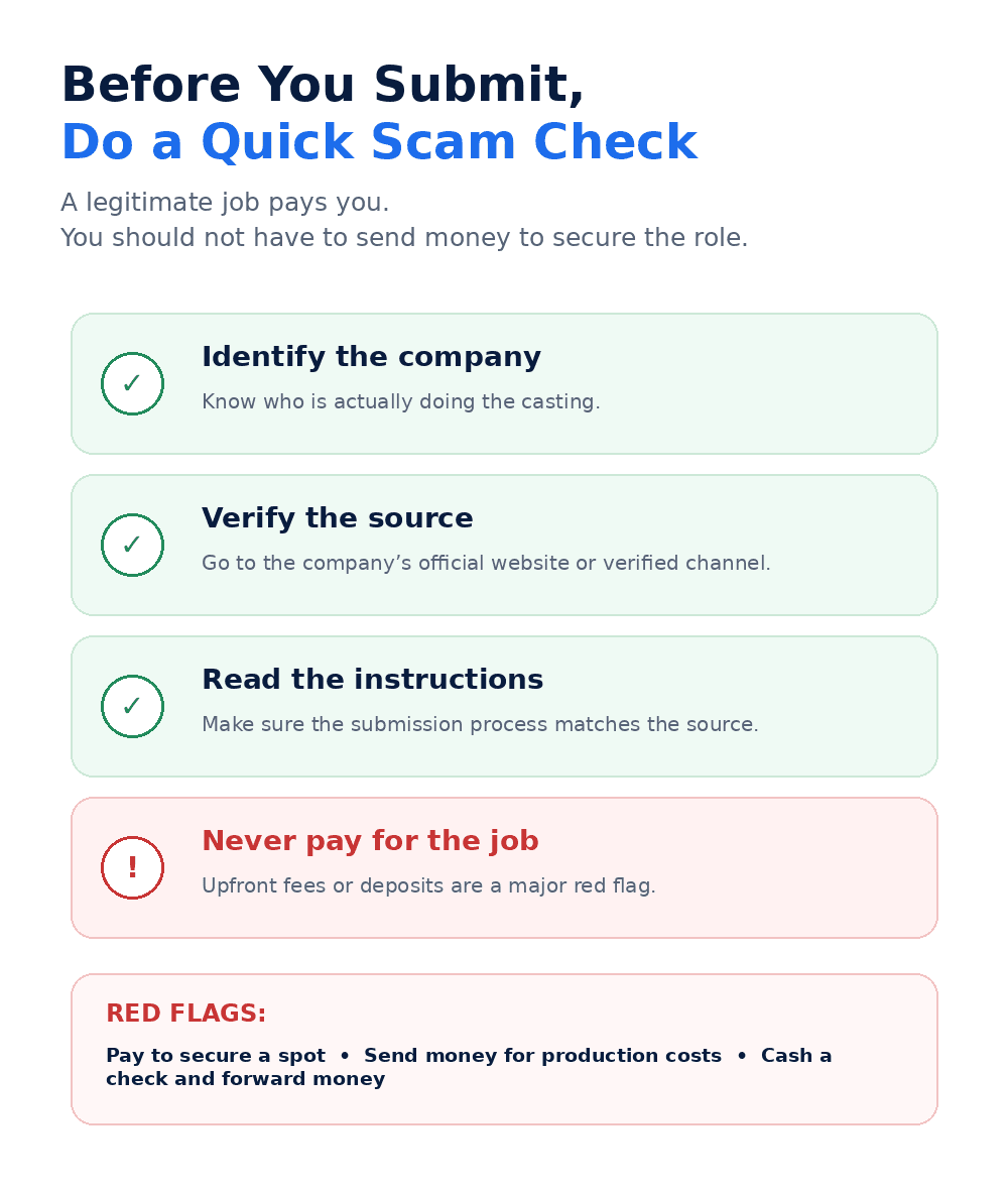 Before you submit, do a quick scam check: identify the company doing the casting, verify the source on its official website or verified channel, read the instructions to be sure the submission process matches the source, and never pay for the job — upfront fees or deposits are a major red flag. Other red flags: being asked to pay to secure a spot, send money for production costs, or cash a check and forward money.