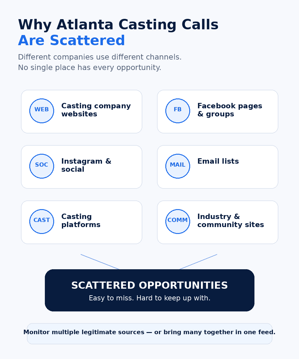 Why Atlanta casting calls are scattered: different companies use different channels — casting company websites, Facebook pages and groups, Instagram and social, email lists, casting platforms, and industry and community sites — so opportunities end up scattered and easy to miss. Monitor multiple legitimate sources, or bring many together in one feed.