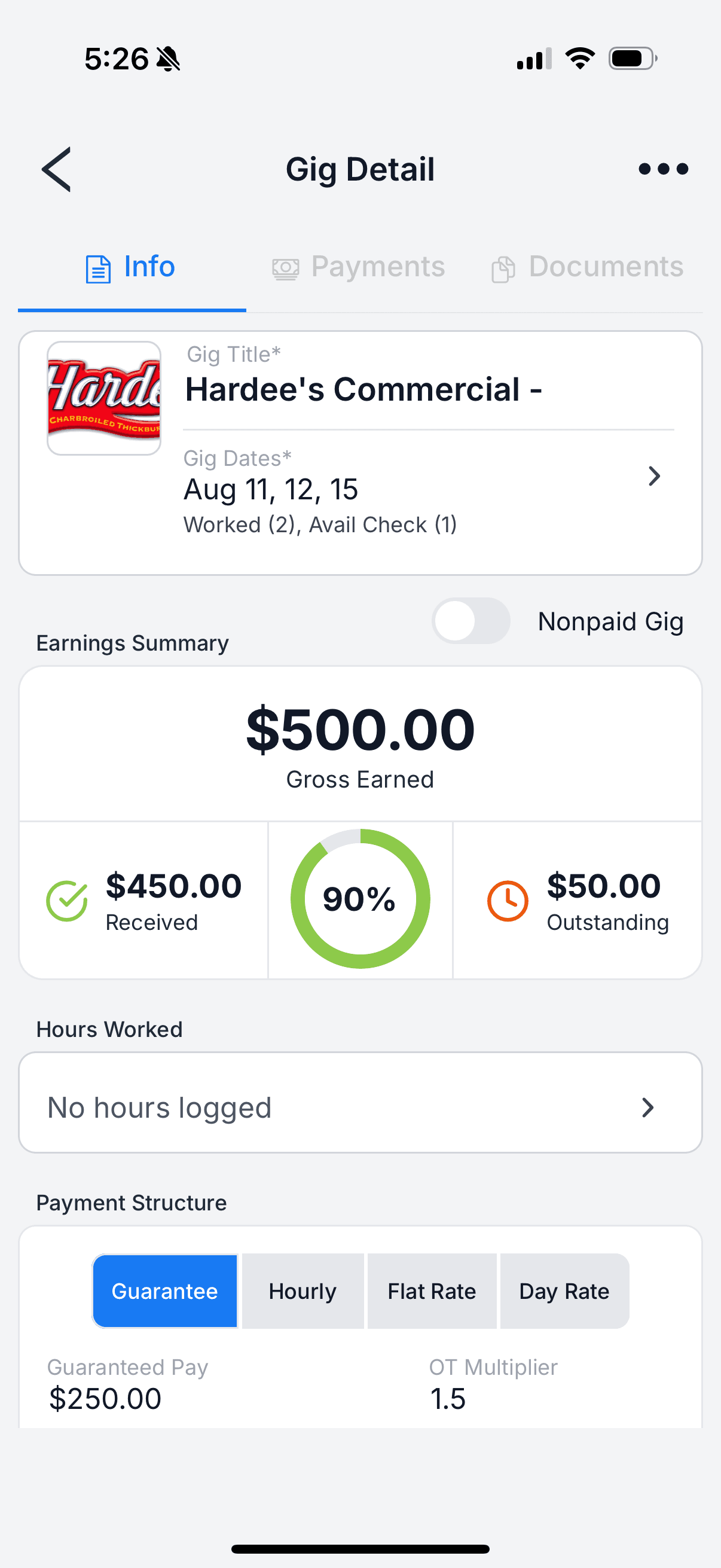 The GigDock app's gig detail showing the payment structure and earnings for a gig