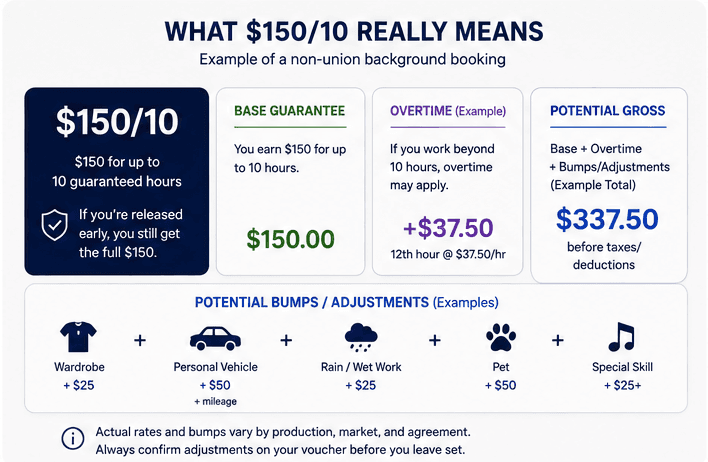 What a $150/10 background booking means: a $150 base guarantee for 10 hours, plus possible overtime and bumps for wardrobe, personal vehicle, wet work, or a pet — adding up to a higher potential gross before taxes.