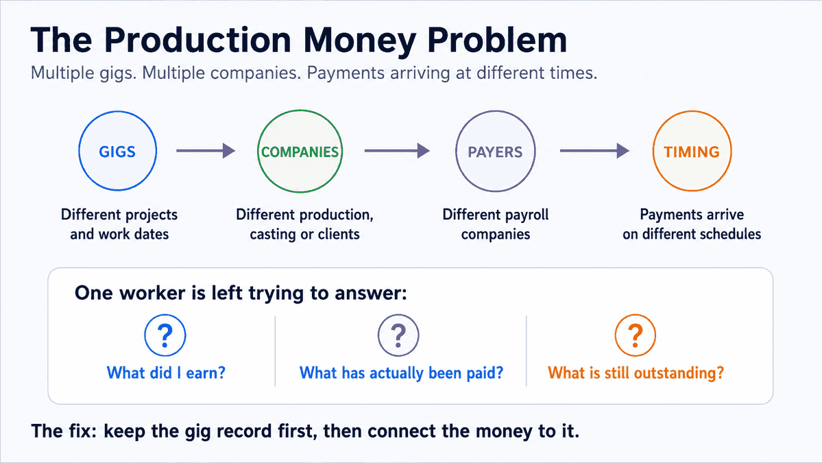 The production money problem: different projects and work dates, different production/casting/clients, different payroll companies, and payments arriving on different schedules — leaving one worker trying to answer what they earned, what's been paid and what's still outstanding. The fix: keep the gig record first, then connect the money to it.